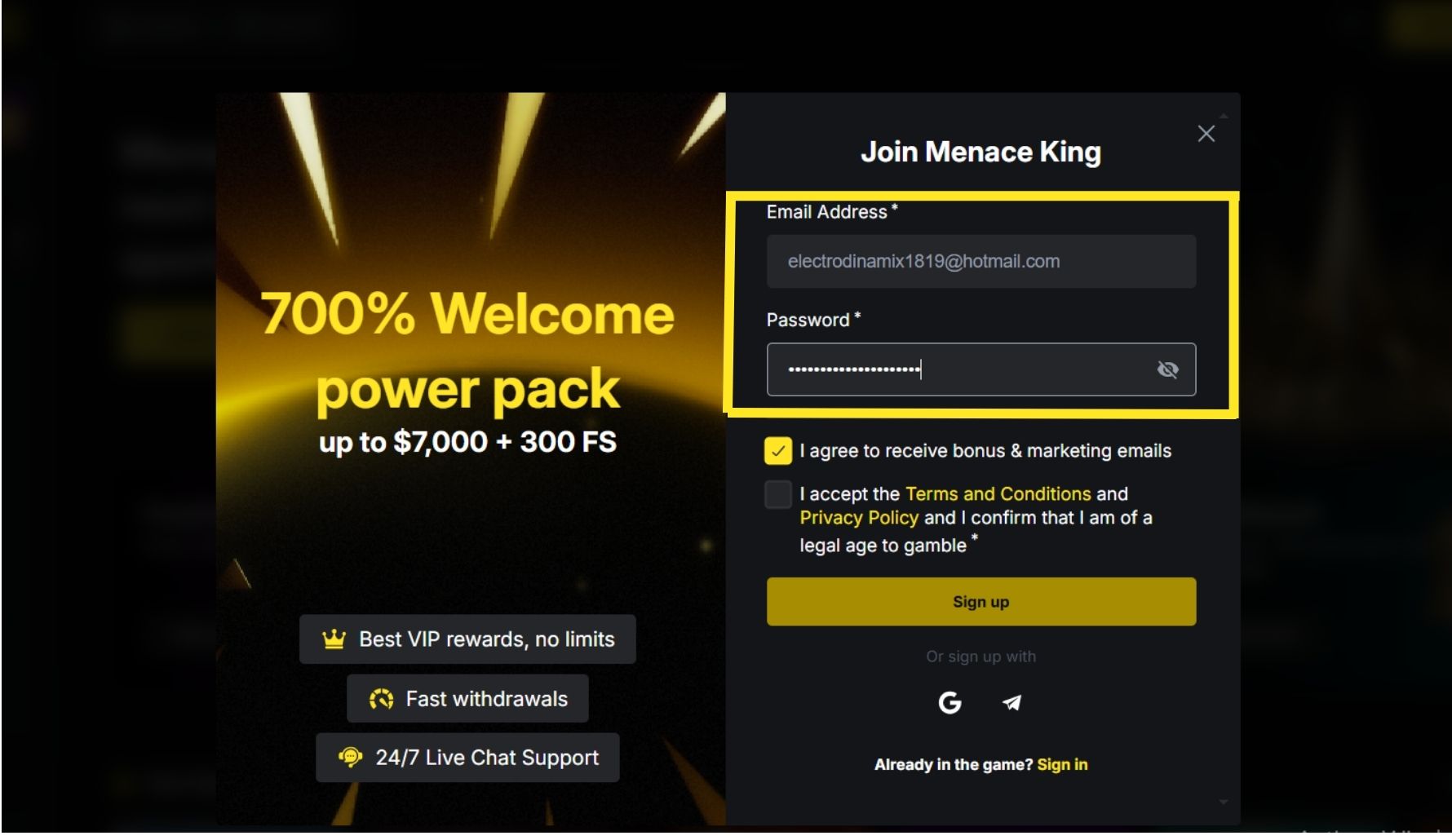 MenaceKing India how to Fill out the form